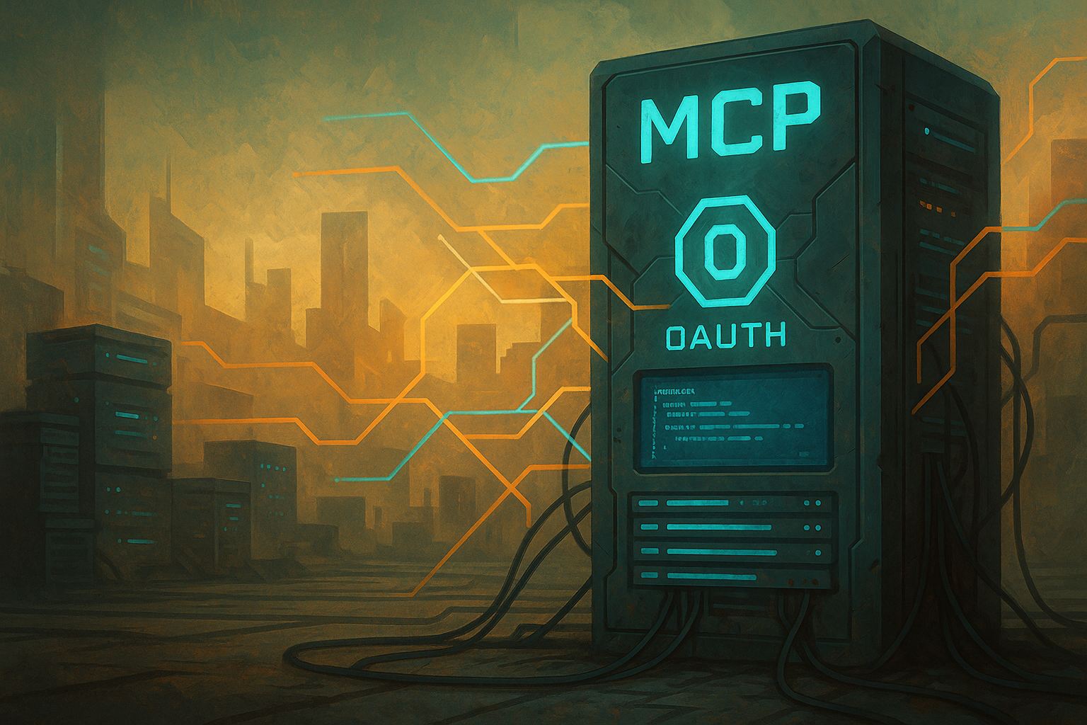 Futuristic server illustration labeled 'MCP' and 'OAUTH', with glowing data lines connecting it to a distant cityscape, symbolizing a networked AI ecosystem.