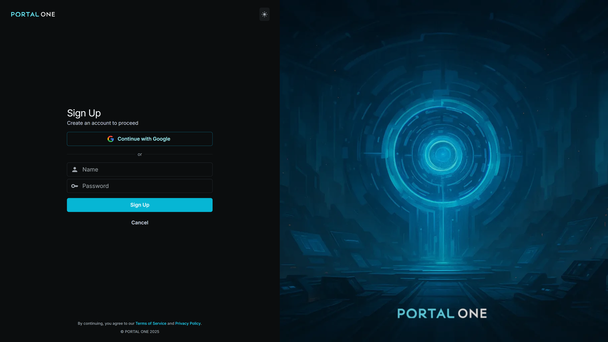 Portal One account creation options: 'Continue with Google' button, and fields for Name and Password for local authentication.