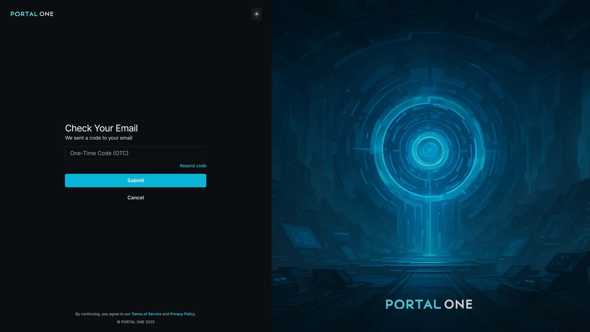 Portal One email verification page requesting the One-Time Code (OTC) sent to your email.
