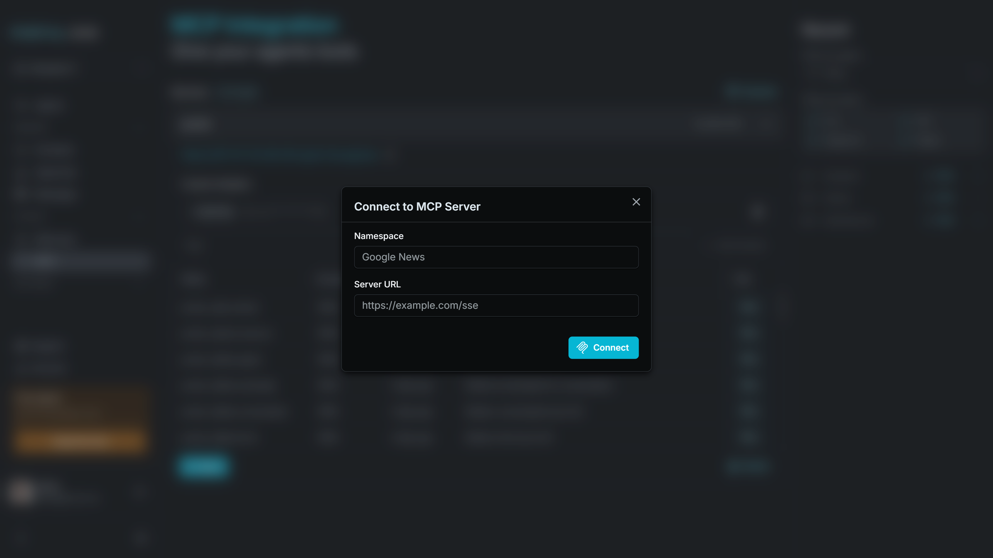 Dialog box titled "Connect to MCP Server" with input fields for "Namespace" (example: "Google News") and "Server URL" (example: "https://mcp.server.com/api"). A "Connect" button is visible.