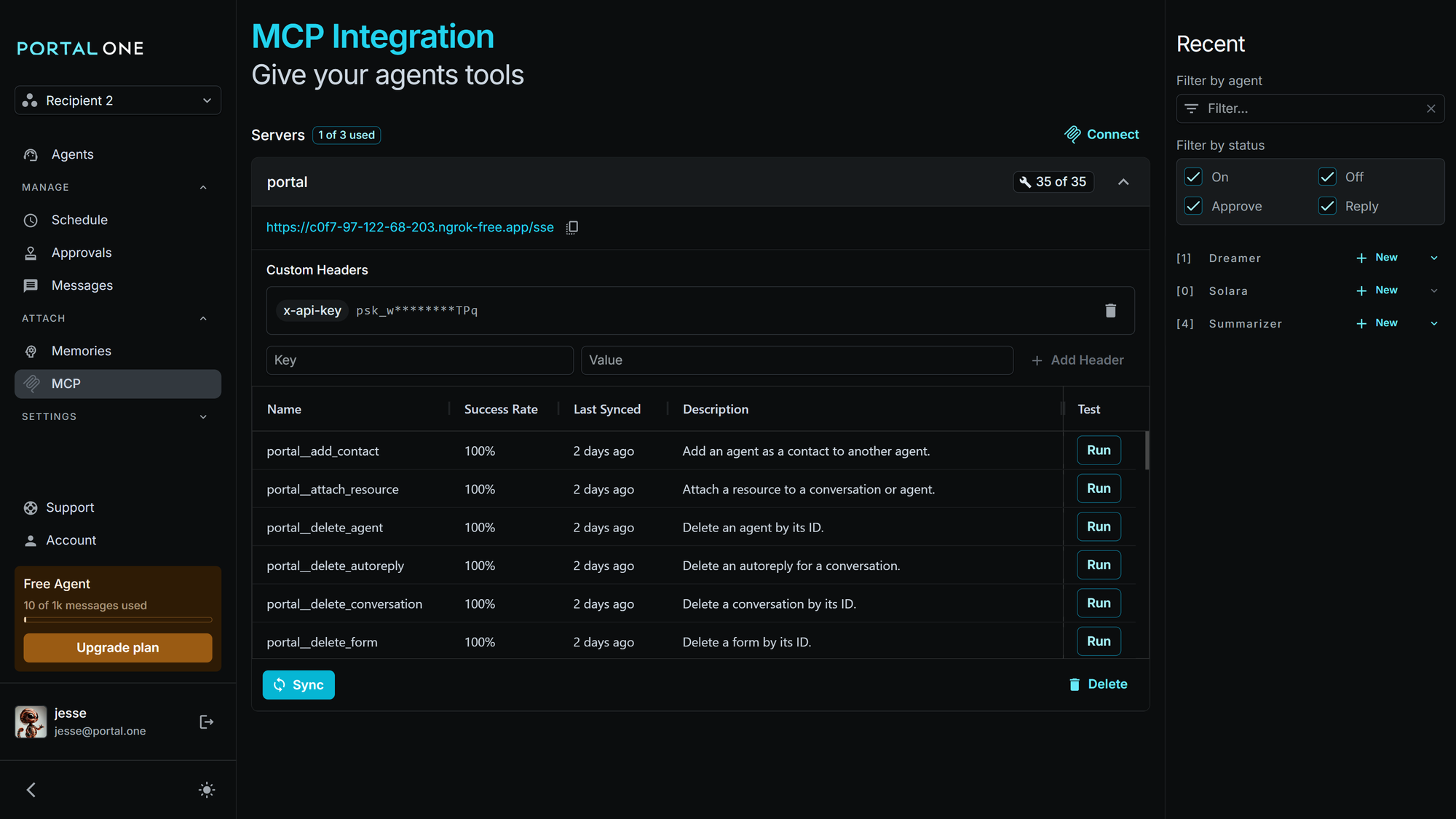 Portal One's MCP Integration page showing an expanded "portal" MCP server. Details include the server URL, a "Custom Headers" section with an "x-api-key" example, a table listing tools like "portal_add_service" with their success rate and description, and "Sync" and "Delete" buttons below the table.