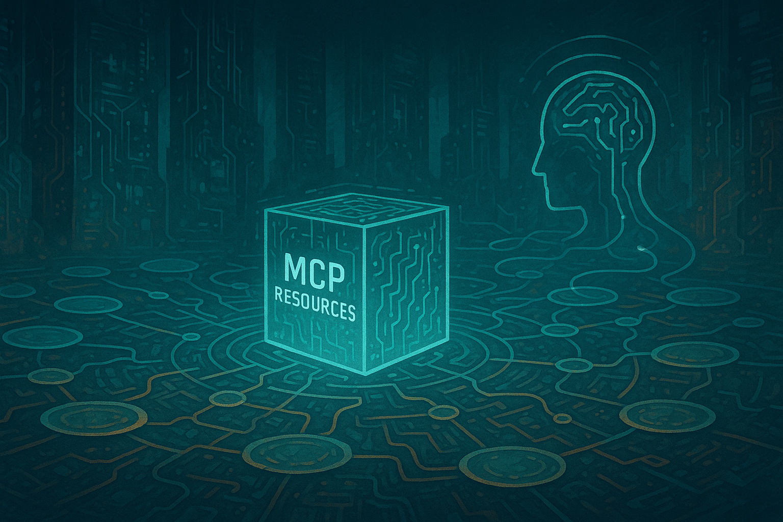 A glowing cube labeled 'MCP RESOURCES' in a digital landscape, with a circuit-patterned human head silhouette observing it, representing AI agent context.