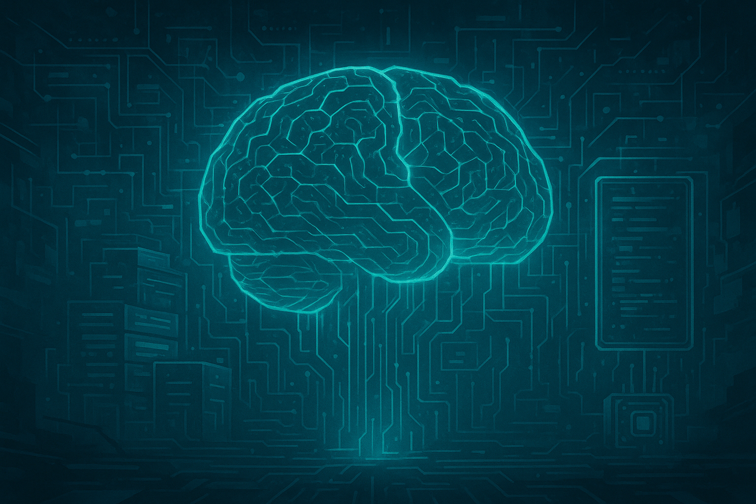 Stylized glowing brain made of intricate circuits, illustrating the complex information processing and agent context provided by MCP Resources for AI.