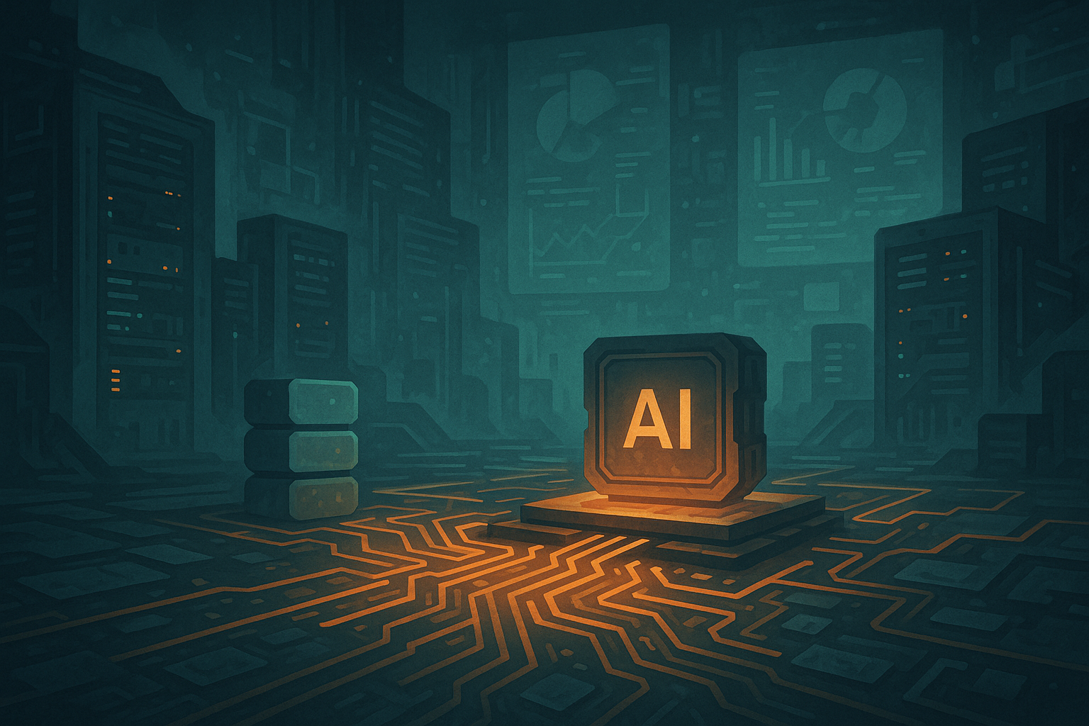 A glowing 'AI' block on a platform within a futuristic data center, with circuits leading to it, signifying AI agents powered by accessible data resources.