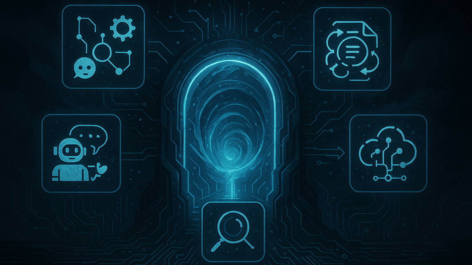 AI orchestration hub: central glowing portal links AI icons for workflows, content, assistants, cloud, & analysis on a tech circuit background.