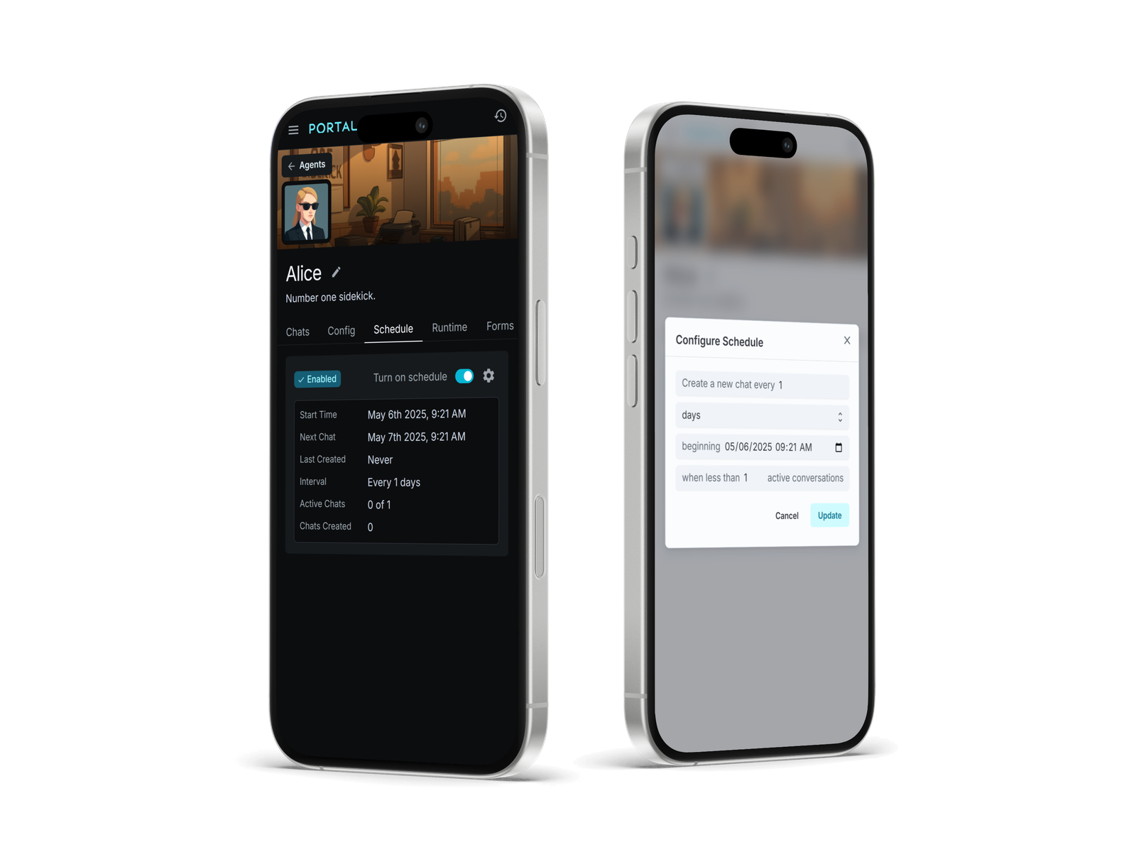 Portal One mobile app interface displaying AI agent scheduling options, including setting start times, intervals, and configuring autonomous task execution.